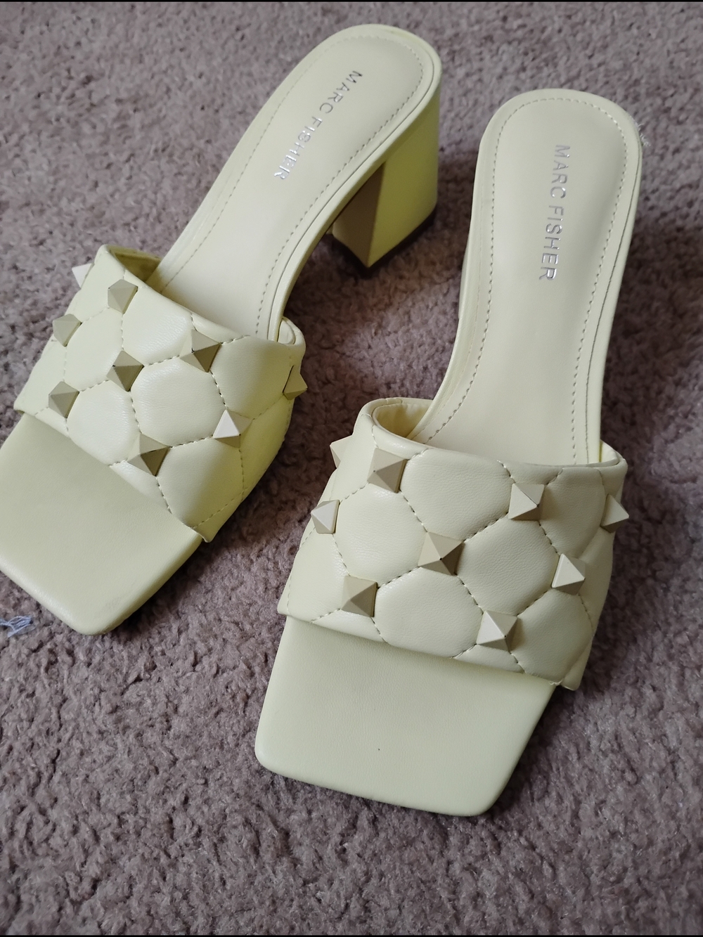 Marc Fisher Pale Yellow Studded Block Heel Slide Sandals